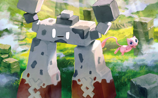 teeziro, mew (pokemon), stonjourner, nintendo, pokemon, pokemon tcg, pokemon tcg pocket, official art, third-party source, arms up, blue eyes, closed mouth, floating, fog, gen 1 pokemon, gen 8 pokemon, grass, legendary pokemon, mythical pokemon, no humans, outdoors, pokemon (creature), pokemon focus, ruins, white eyes