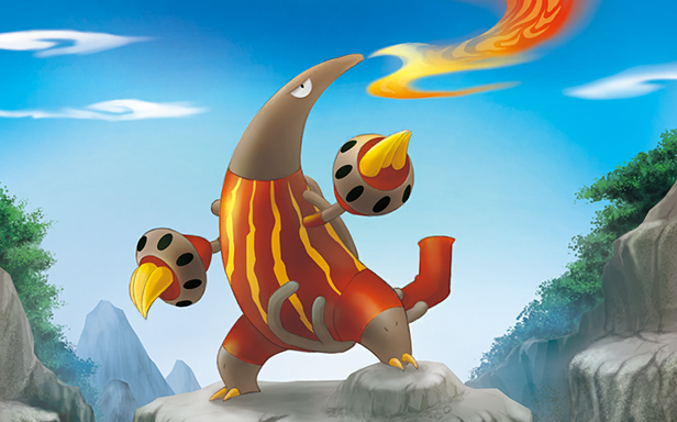 suwama chiaki, heatmor, nintendo, pokemon, pokemon tcg, official art, third-party source, blue sky, claws, day, fire, full body, gen 5 pokemon, no humans, outdoors, pokemon (creature), pokemon focus, sky, solo, tree