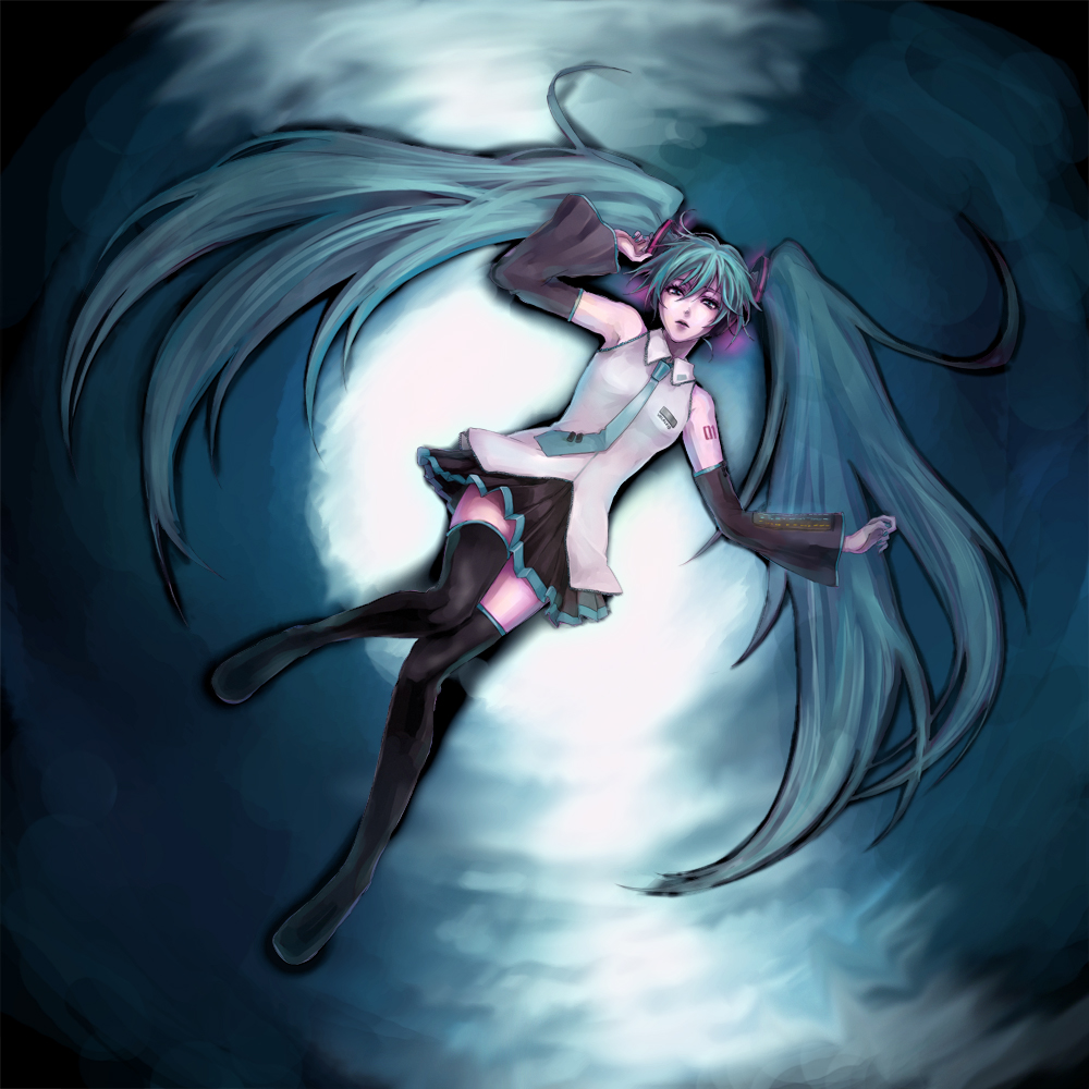 joka, joka (night gate), hatsune miku, vocaloid, 1girl, aqua eyes, aqua hair, detached sleeves, female focus, long hair, necktie, skirt, solo, thighhighs, twintails, very long hair