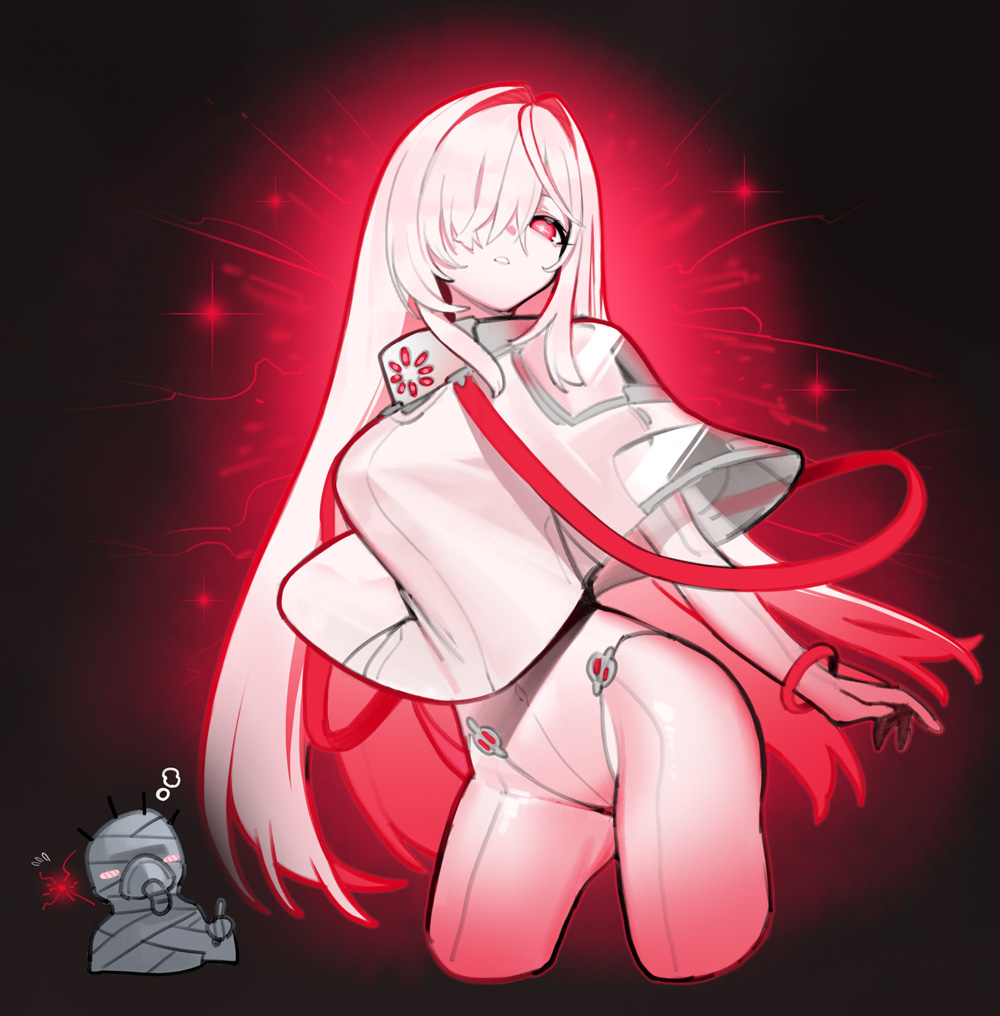 baniran dorosu, 621 (armored core vi), ayre (armored core vi), armored core, armored core vi: fires of rubicon, fromsoftware, 1girl, bandaged head, bandaged torso, bandages, bandages over eyes, hair over one eye, long hair, multicolored hair, personification, red eyes, red hair, science fiction, white hair