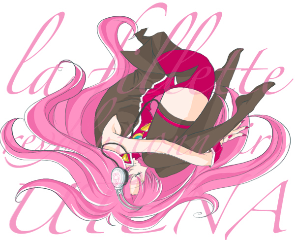 jou (miruge), jou (pixiv280897), tenjou utena, shoujo kakumei utena, 1990s (style), 1girl, adolescence apocalipse, female focus, headphones, headset, long hair, lying, pink hair, retro artstyle, rondo-revolution, solo, very long hair