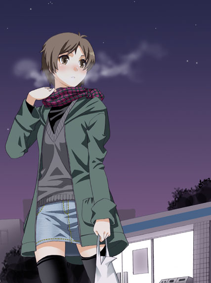 mattaku mousuke, original, bag, breath, brown eyes, brown hair, cowboy shot, scarf, shopping bag, short hair, solo, thighhighs, zettai ryouiki