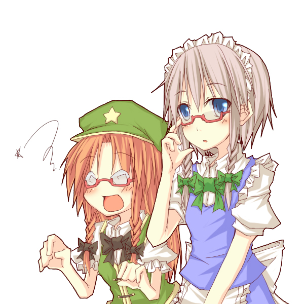 natsuk, hong meiling, izayoi sakuya, embodiment of scarlet devil, touhou, silver hair, 2girls, :d, @ @, adjusting eyewear, bespectacled, blue eyes, blush, female focus, glasses, hairband, hat, long hair, maid, multiple girls, open mouth, red hair, ribbon, short hair, smile, squiggle, star (symbol)