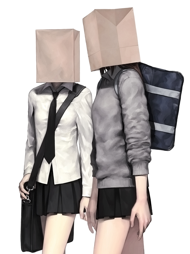 iwai ryou, original, 2girls, backpack, bag, bag on head, bag over head, multiple girls, necktie, paper bag, randoseru, school uniform, skirt