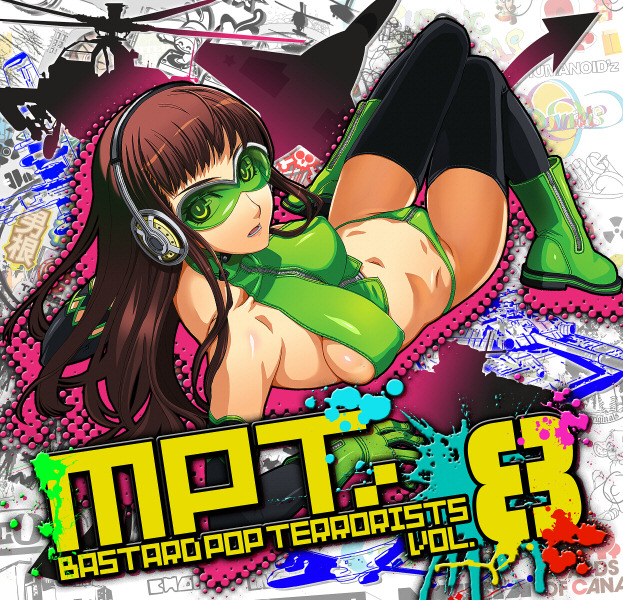 shike naoto, original, 1girl, album cover, bare shoulders, boots, breasts, brown hair, cover, elbow gloves, female focus, gloves, green boots, headphones, long hair, lying, medium breasts, midriff, sideboob, solo, sunglasses, thighhighs