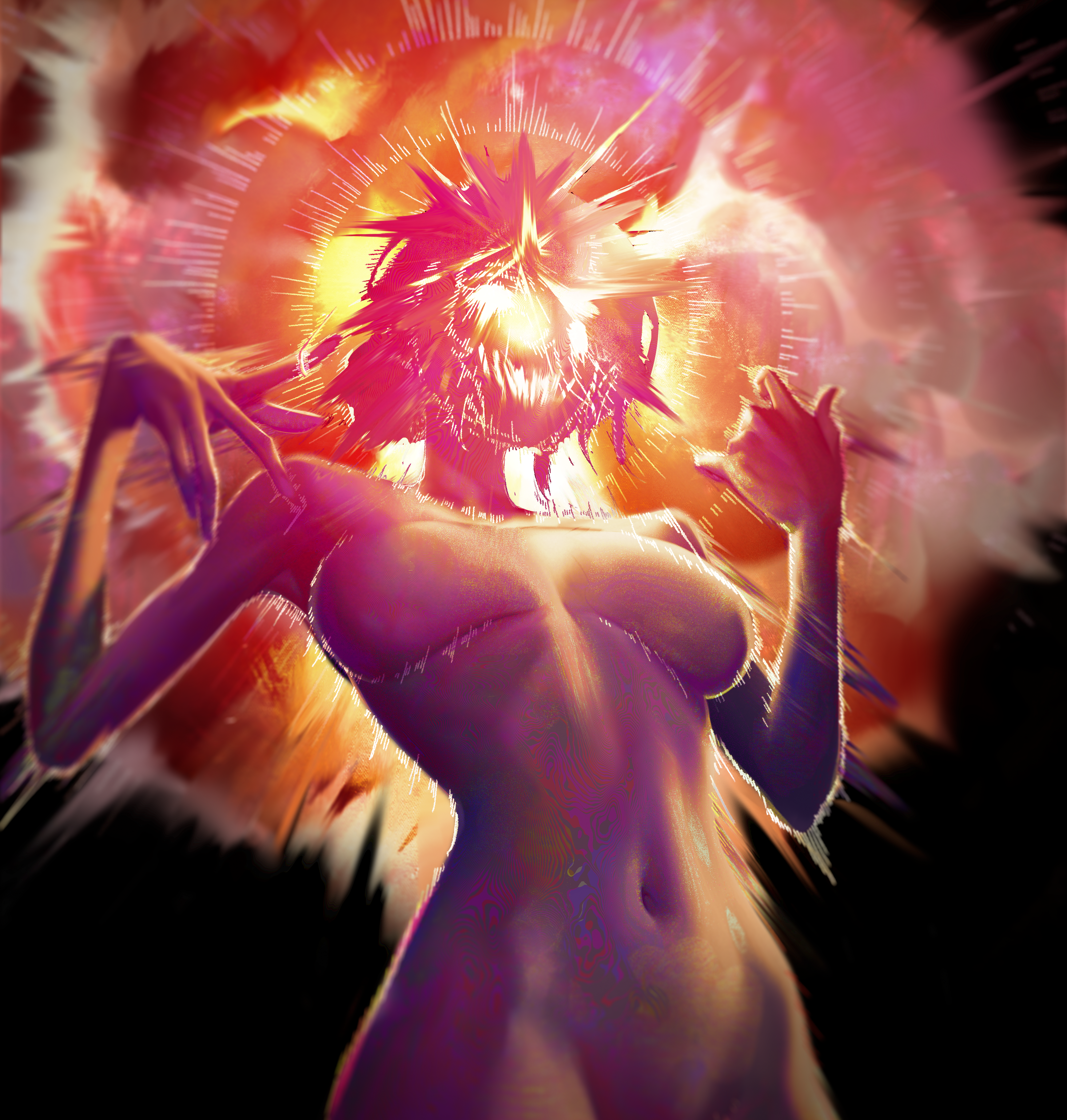 reze (chainsaw man), chainsaw man, absurdres, highres, 1girl, breasts, glorfindel (finfindel), glowing, grenade pin, imminent explosion, large breasts, navel, no nipples, nude, solo