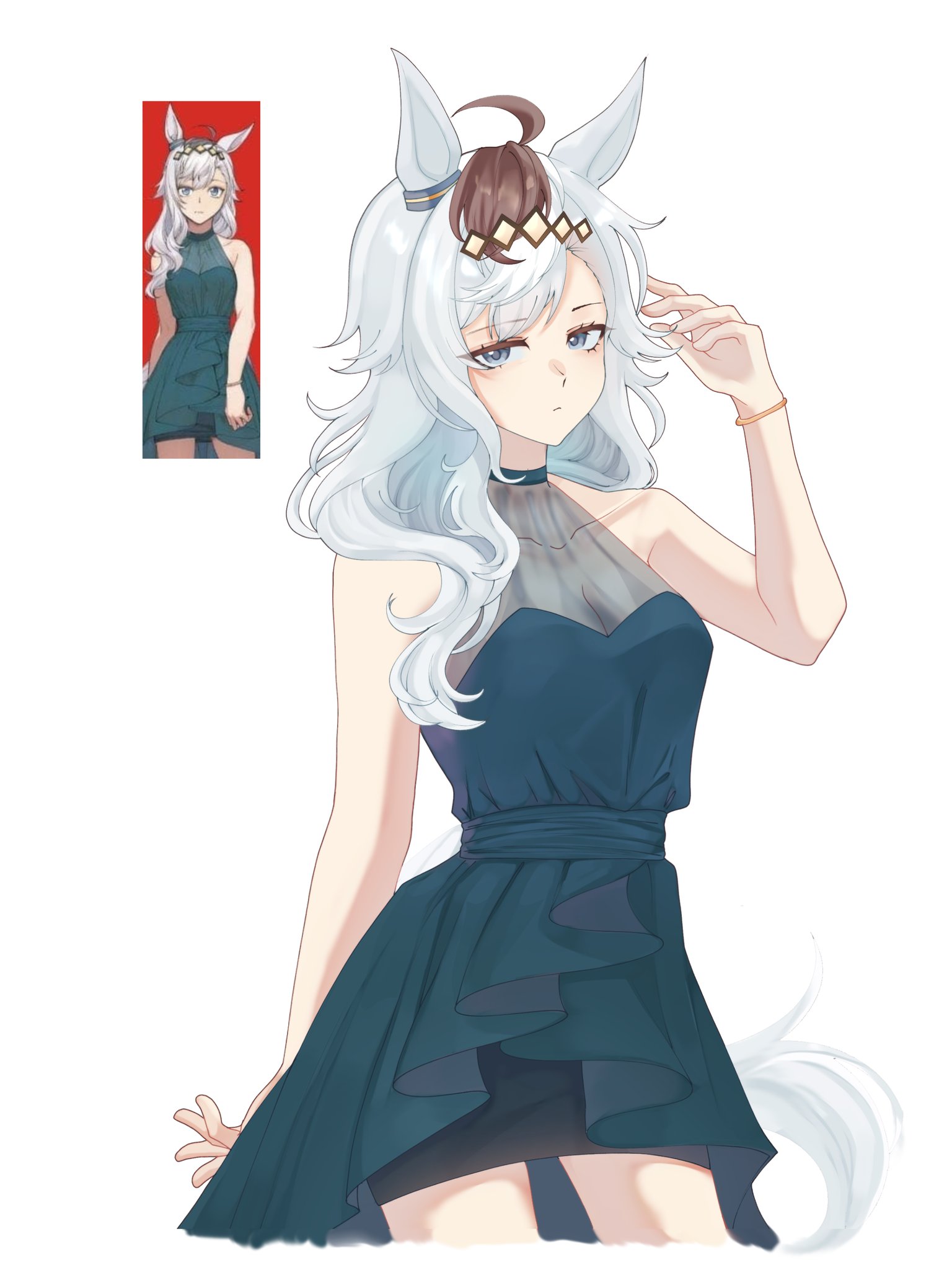 oguri cap (umamusume), umamusume, highres, 1girl, animal ears, blue dress, brown streaks, dress, green eyes, grey hair, grey tail, horse ears, horse girl, horse tail, inset, koppiaa, multicolored hair, simple background, solo, streaked hair, tail, white background
