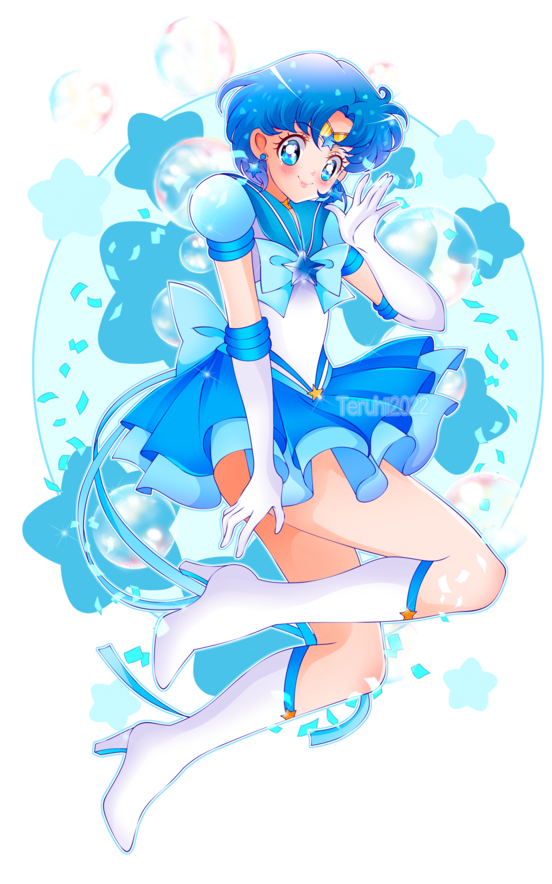 teruhii, mizuno ami, sailor mercury, super sailor mercury (stars), bishoujo senshi sailor moon, absurdres, highres, back bow, blue bow, blue bowtie, blue eyes, blue gemstone, blue hair, blue sailor collar, blue sleeves, boots, bow, bowtie, brooch, choker, circlet, earrings, elbow gloves, gem, gloves, high heel boots, high heels, jewelry, layered skirt, looking at viewer, medium hair, puffy short sleeves, puffy sleeves, sailor collar, short sleeves, skirt, smile, star (symbol), star brooch, star choker, star earrings, white boots, white gloves