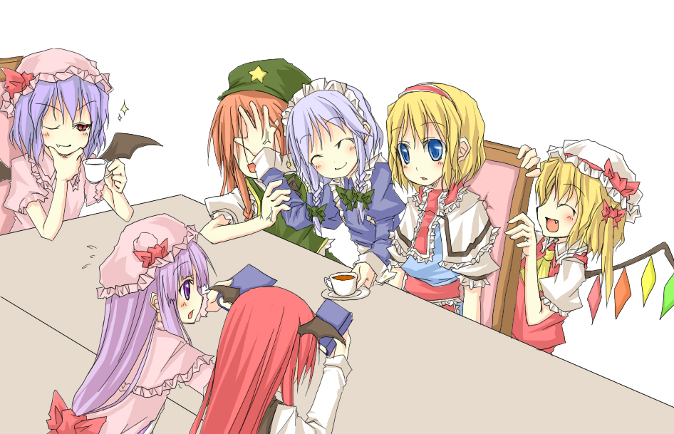 natsuk, alice margatroid, flandre scarlet, hong meiling, izayoi sakuya, koakuma, patchouli knowledge, remilia scarlet, touhou, silver hair, bad id, bad pixiv id, 6+girls, :d, ^ ^, bat wings, blonde hair, blue eyes, blue hair, blush, book, closed eyes, cup, fang, female focus, hairband, hat, head wings, long hair, maid, multiple girls, one eye closed, open mouth, purple eyes, purple hair, red eyes, red hair, ribbon, short hair, simple background, smile, tea, teacup, upper body, white background, wings