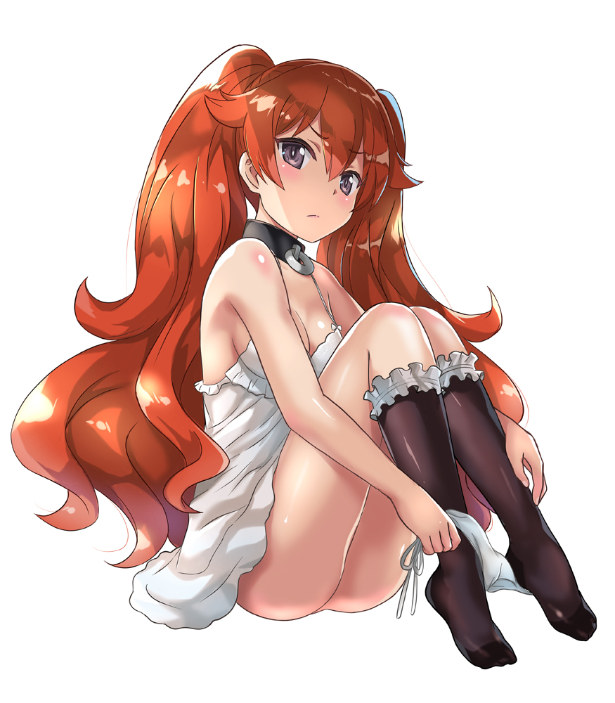 mutsumi masato, kuro no senki, commentary request, 1girl, bare shoulders, black collar, black socks, breasts, brown eyes, cleavage, collar, elena grafias, full body, hair between eyes, kneehighs, long hair, looking at viewer, nightgown, no panties, o-ring collar, panties, simple background, socks, solo, spaghetti strap, twintails, underwear, unworn panties, white background, white nightgown