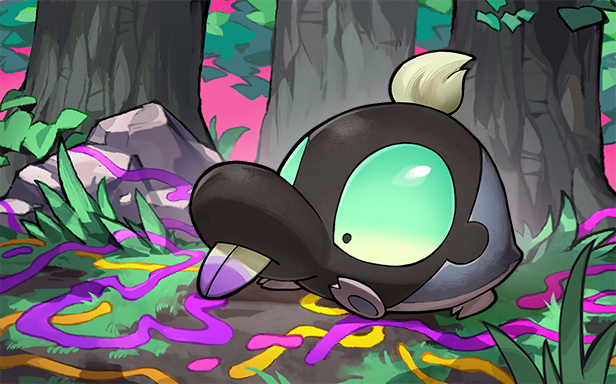 koroguchi, shroodle, nintendo, pokemon, pokemon tcg, official art, third-party source, animal focus, buck teeth, full body, grass, leaf, no humans, outdoors, paint, pokemon (creature), pokemon focus, rock, solo, teeth, tree