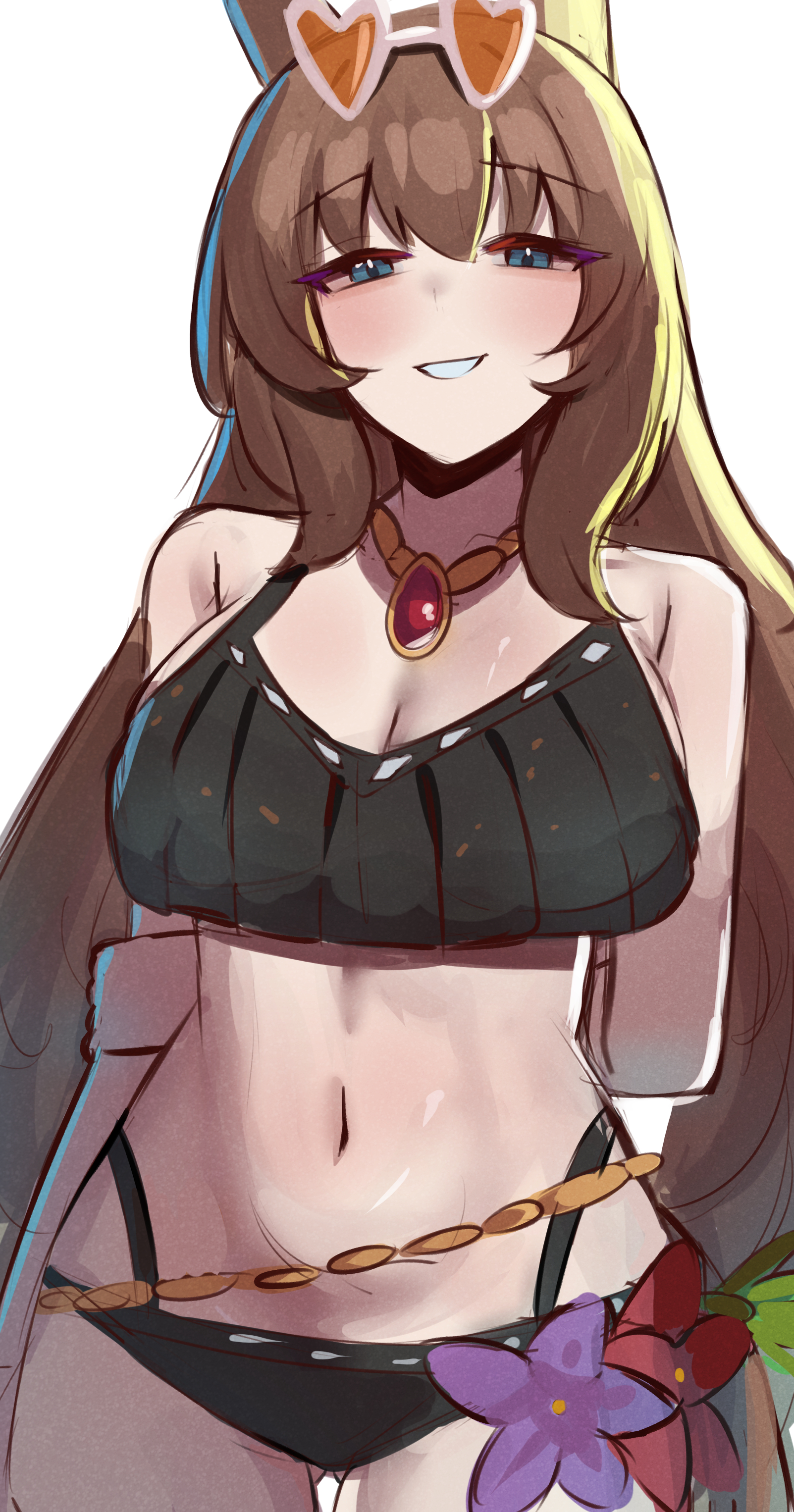 iog626, maruzensky (blasting off summer night) (umamusume), maruzensky (umamusume), umamusume, absurdres, character request, commentary, english commentary, highres, 1girl, animal ears, bikini, black bikini, blue eyes, horse ears, horse girl, horse tail, looking at viewer, navel, simple background, smile, solo, swimsuit, tail, white background