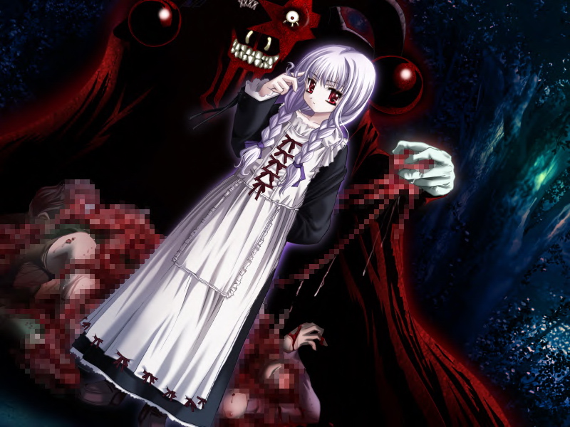 ueda metawo, gore (gore screaming show), yuka, yuka (gore screaming show), gore screaming show, tagme, 1girl, aged down, albino, blood, braid, censored, death, dress, fake censor, forest, guro, long hair, nature, purple hair, red eyes, serious, twin braids
