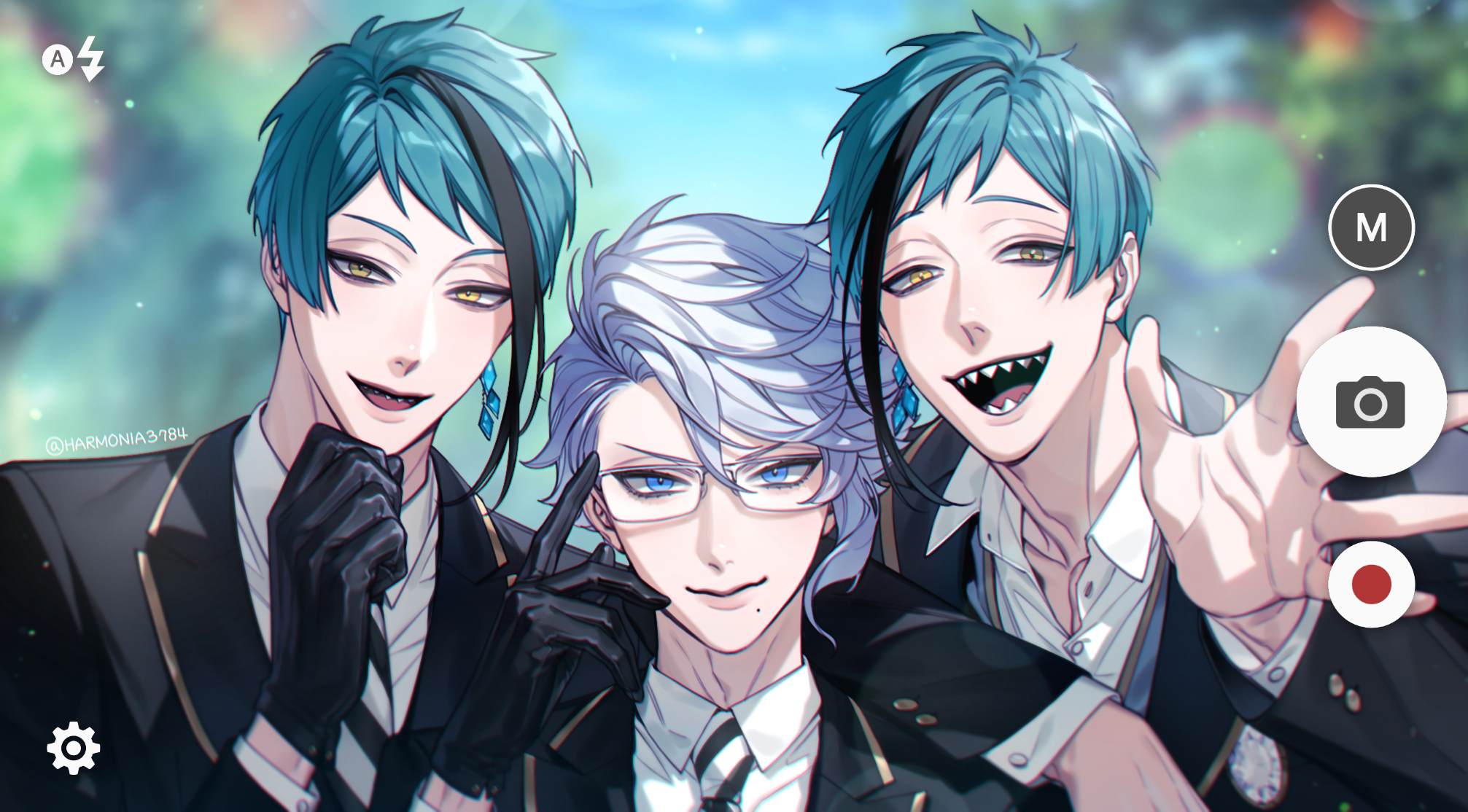 amandasu, azul ashengrotto, floyd leech, jade leech, twisted wonderland, commentary, highres, symbol-only commentary, 3boys, black gloves, blue eyes, blue hair, blurry, blurry background, brothers, closed mouth, collared shirt, diagonal-striped clothes, diagonal-striped necktie, gloves, looking at viewer, male focus, multiple boys, necktie, night raven college school uniform, open mouth, school uniform, sharp teeth, shirt, short hair, siblings, smile, striped clothes, teeth, tongue, twins, twitter username, upper body, white shirt, yellow eyes