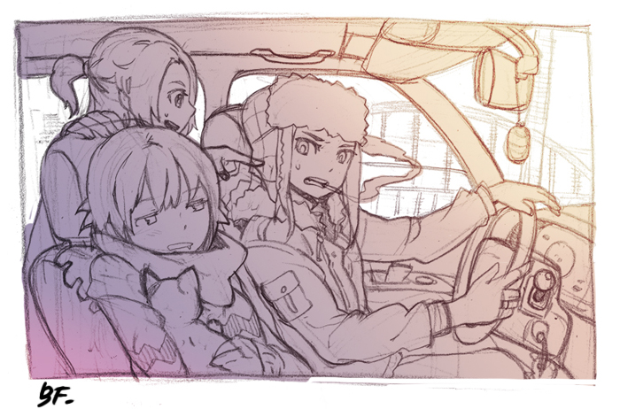 bf. (sogogiching), original, archived source, commentary request, korean commentary, animal, arm pouch, border, breasts, bridge, car, cat, chair, cigarette, dashboard, double-parted bangs, driving, drooling, hair between eyes, hair tie, hat, holding, holding animal, holding cat, jacket, knob, long sleeves, looking at another, medium breasts, mirror, monochrome, motor vehicle, mouth drool, on chair, parka, pocket, pointing, ponytail, short-sleeved sweater, short hair, short sleeves, sitting, sketch, smoking, steering wheel, sweater, ushanka, white border, window, winter clothes