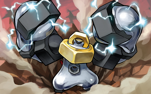 nc empire (circle), melmetal, nintendo, pokemon, pokemon tcg, official art, third-party source, arms up, closed eyes, dust, electricity, gen 7 pokemon, metal skin, mythical pokemon, nut (hardware), one-eyed, pokemon (creature), pokemon focus, solo