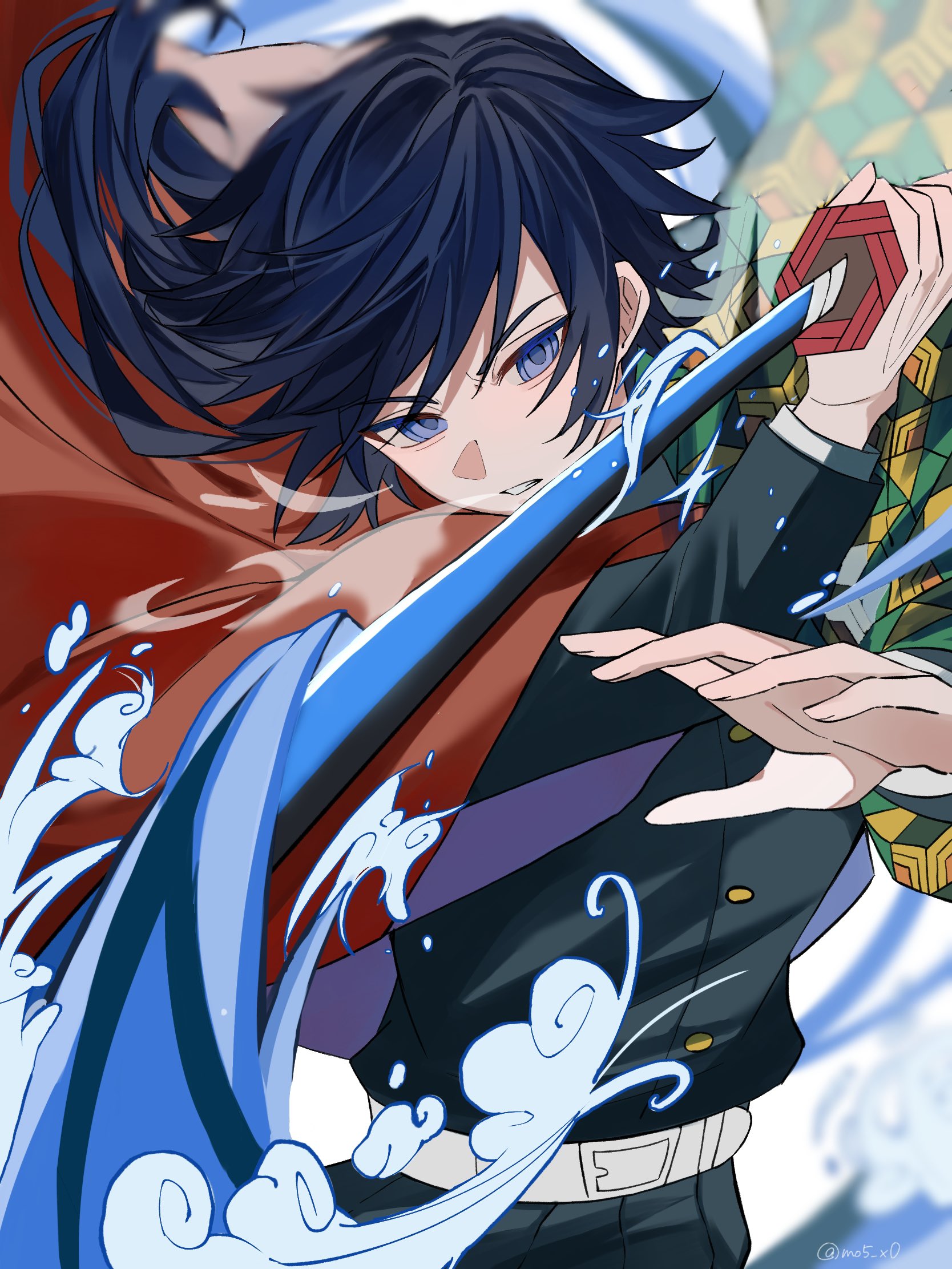 tomioka giyuu, kimetsu no yaiba, highres, 1boy, belt, black hair, black jacket, black pants, blue eyes, buttons, demon slayer uniform, gold buttons, haori, high collar, holding, holding sword, holding weapon, jacket, japanese clothes, katana, kikkoumon, low ponytail, male focus, mo5 x0, pants, ponytail, print haori, red haori, solo, spiked hair, sword, teeth, water, weapon, white belt