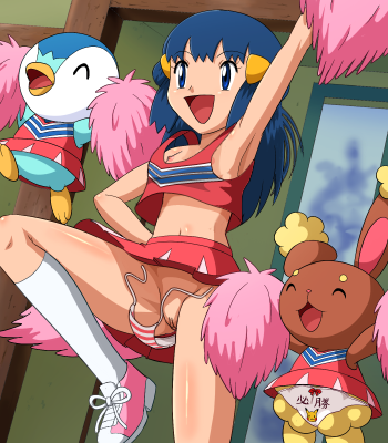 pokemoa, buneary, dawn (pokemon), piplup, nintendo, pokemon, lowres, blue hair, breasts, cheerleader, clitoris, gen 4 pokemon, legs, midriff, nipples, no bra, no panties, panties, pink panties, pokemon (creature), pom pom (cheerleading), pussy, side-tie panties, smile, socks, striped clothes, striped panties, underwear, upskirt, wardrobe malfunction