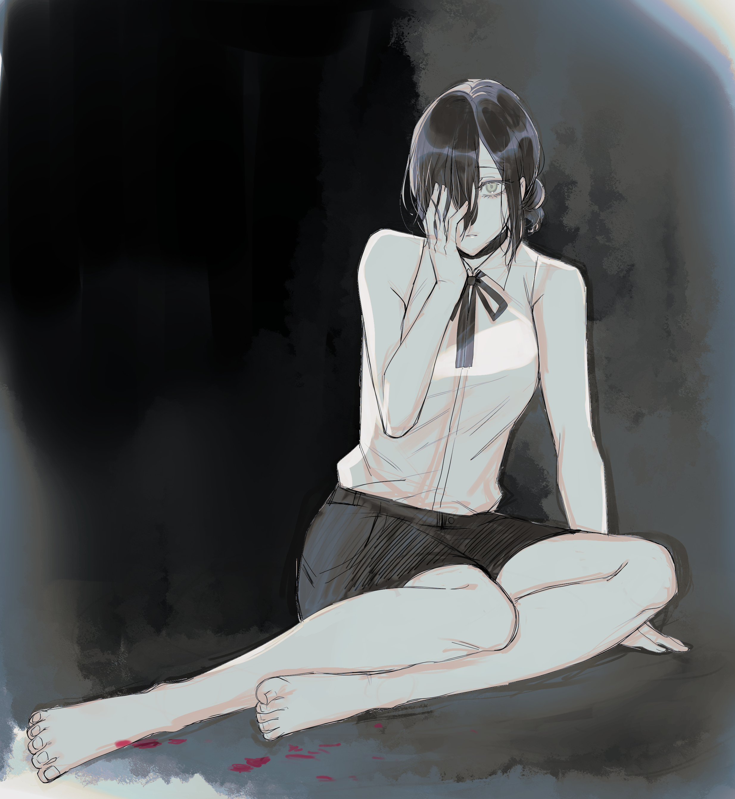 hyakuichi, reze (chainsaw man), chainsaw man, absurdres, highres, 1girl, barefoot, black choker, black hair, black ribbon, black shorts, blood, choker, closed mouth, grey eyes, hair bun, hair over one eye, hand on own face, neck ribbon, ribbon, shirt, shirt tucked in, shorts, sleeveless, sleeveless shirt, solo, white shirt