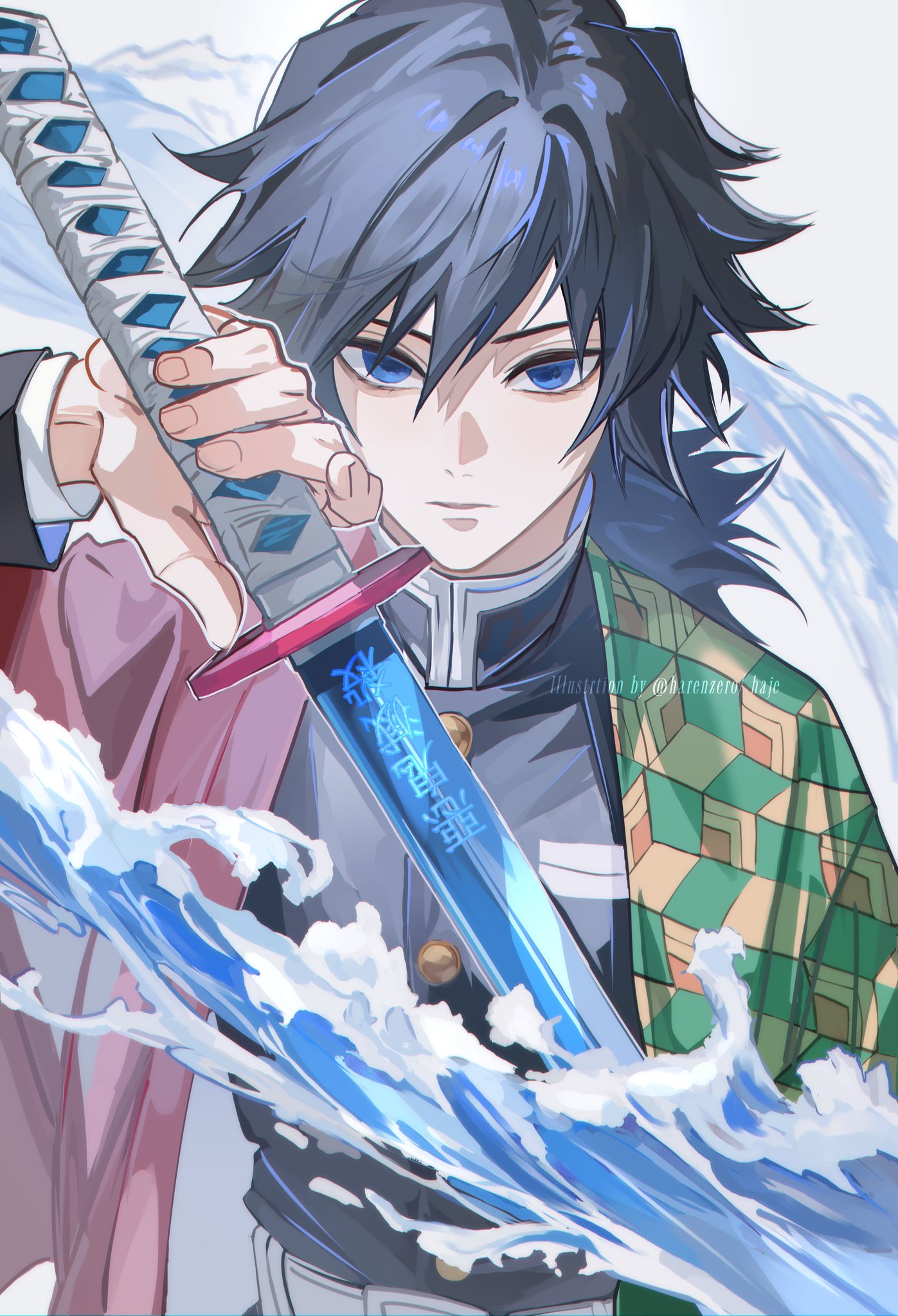 harenzero, tomioka giyuu, kimetsu no yaiba, highres, 1boy, belt, black hair, black jacket, blue eyes, buttons, closed mouth, demon slayer uniform, empty eyes, gold buttons, hair between eyes, haori, high collar, holding, holding sword, holding weapon, jacket, japanese clothes, katana, kikkoumon, looking at viewer, low ponytail, male focus, ponytail, print haori, red haori, solo, spiked hair, sword, water, weapon, white background, white belt