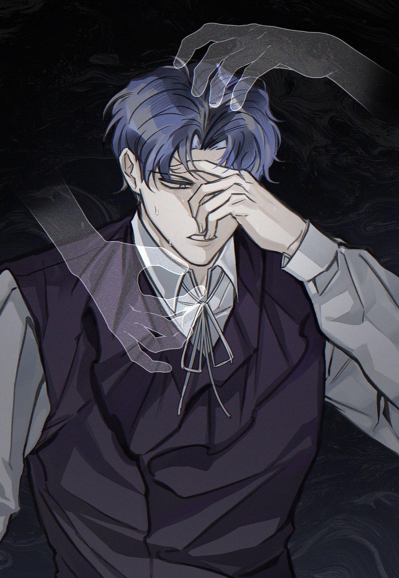 ssom omo, daan (fear & hunger), fear & hunger (series), fear & hunger 2: termina, commentary, english commentary, highres, 1boy, black background, black vest, blue hair, collared shirt, disembodied hand, eyepatch, hand on own face, long sleeves, male focus, medical eyepatch, neck ribbon, parted lips, ribbon, shirt, short hair, solo, upper body, vest, white ribbon, white shirt