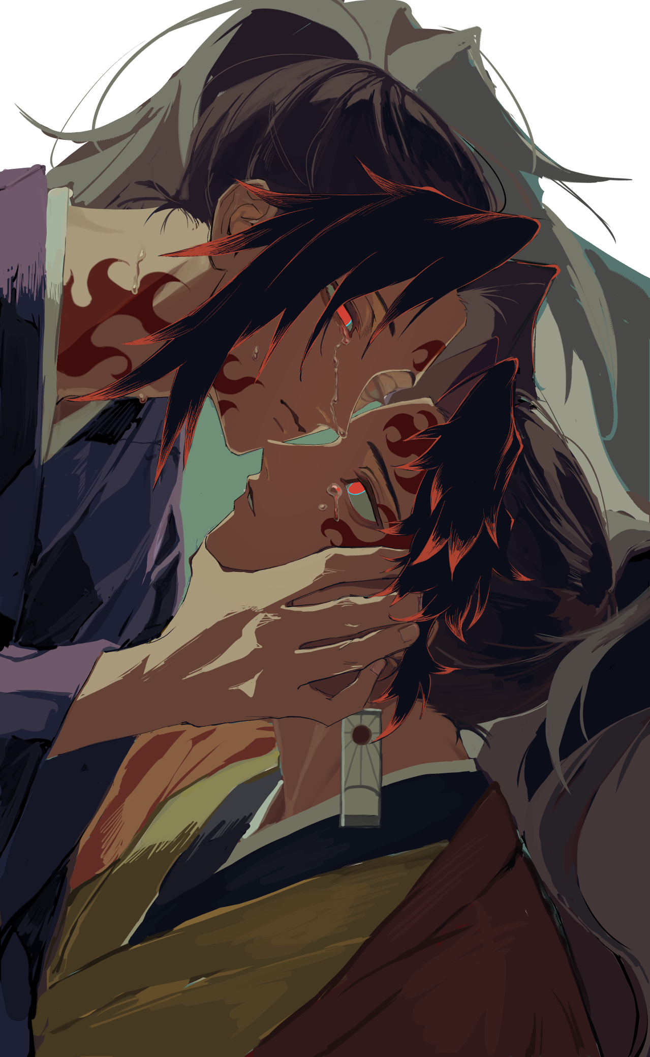 tsugikuni michikatsu, tsugikuni yoriichi, kimetsu no yaiba, highres, 2boys, crying, crying with eyes open, earrings, empty eyes, facial tattoo, hanafuda earrings, hand on another's cheek, hand on another's face, haori, high ponytail, japanese clothes, jewelry, kimono, looking at another, male focus, multiple boys, neck tattoo, omanjumaturi1, ponytail, purple kimono, red eyes, red hair, red haori, red tattoo, simple background, spiked hair, tattoo, tears, white background, yellow kimono