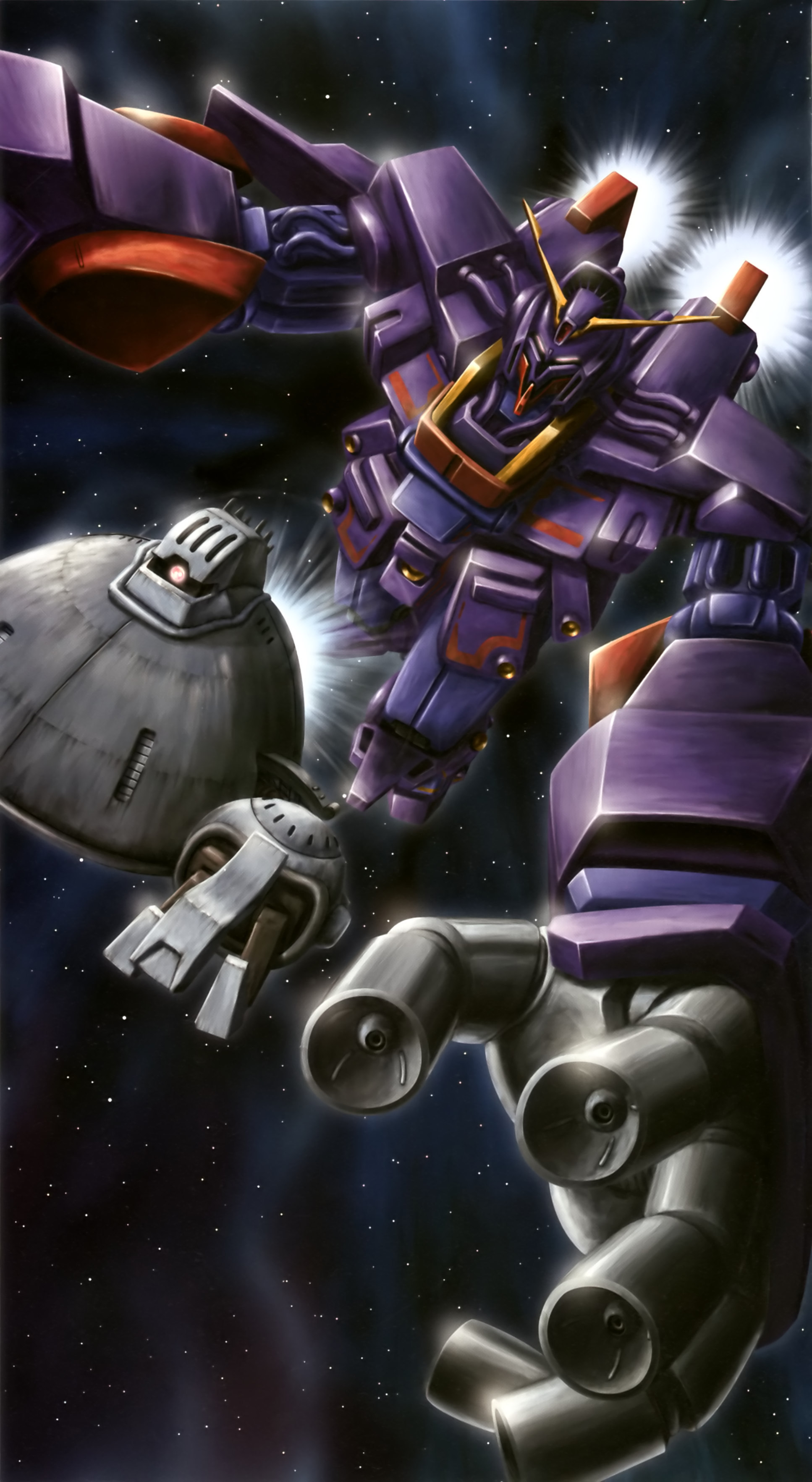 baund doc, psycho gundam mk ii, gundam, zeta gundam, absurdres, artist request, highres, official art, scan, beam cannon, cable, finger cannon, gundam perfect file, machinery, mecha, mecha focus, mobile armor, mobile suit, nebula, robot, scene reference, science fiction, space, star (sky), thrusters, titans (gundam), v-fin