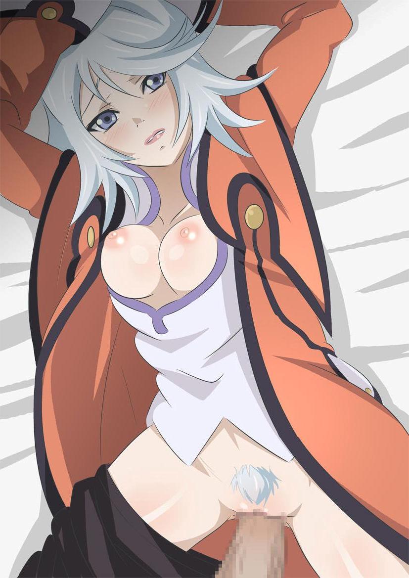 raine sage, namco, tales of (series), tales of symphonia, lip biting, 00s, 1boy, 1girl, arms up, bed, black pants, blue eyes, blush, breasts, breasts out, censored, clothed sex, coat, collarbone, erection, facing viewer, functionally nude, hetero, jacket, long sleeves, looking at viewer, lying, medium breasts, missionary, nipples, no bra, no panties, on back, on bed, orange coat, orange jacket, pants, pants around one leg, parted lips, partially undressed, penis, pov, pubic hair, pussy, sex, shirt, short hair, silver pubic hair, spread legs, teacher, teeth, vaginal, white hair, white pubic hair