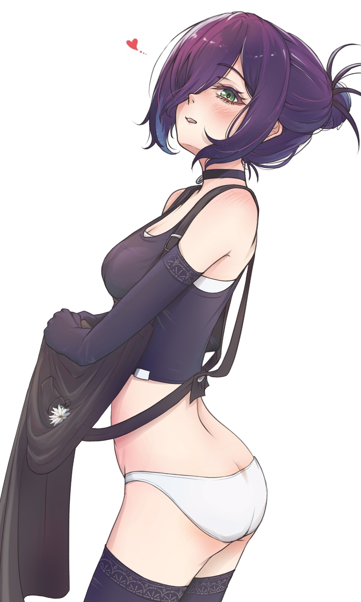 akatsuki (akatsukinotsuki), reze (chainsaw man), chainsaw man, highres, 1girl, apron, ass, black apron, black choker, black tank top, black thighhighs, blush, breasts, choker, crop top, flower, green eyes, grenade pin, hair bun, hair over one eye, heart, panties, purple hair, simple background, small breasts, solo, tank top, thighhighs, underwear, white background, white flower, white panties