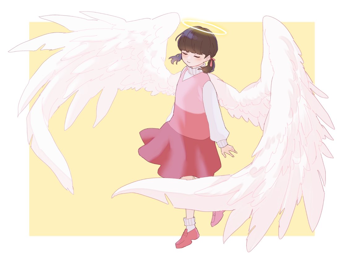 ainame (engel571), doujima nanako, persona, persona 4, 1girl, angel, angel wings, ankle socks, blush, border, brown hair, closed eyes, closed mouth, dress, feathered wings, floating clothes, full body, glowing, glowing halo, hair ribbon, halo, loafers, long sleeves, medium hair, outside border, pinafore dress, pink dress, pink ribbon, pink shoes, ribbon, shoes, short twintails, simple background, sleeveless, sleeveless dress, smile, socks, solo, standing, standing on one leg, sweater, traditional halo, turtleneck, turtleneck sweater, twintails, white border, white socks, white sweater, white wings, wings, yellow background, yellow halo