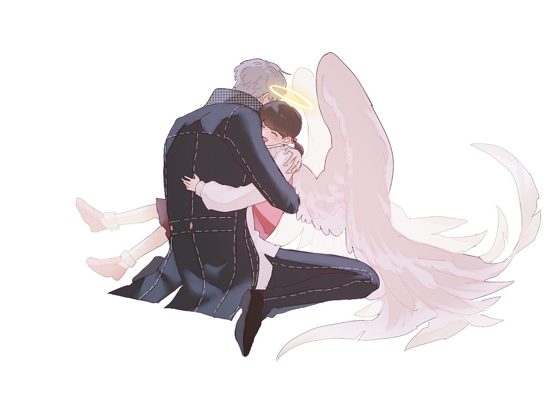 ainame (engel571), doujima nanako, narukami yu, persona, persona 4, commentary request, 1boy, 1girl, :d, angel, angel wings, ankle socks, black jacket, black pants, black shoes, blush, brown hair, closed eyes, cousins, dress, feathered wings, full body, glowing, glowing halo, grey hair, halo, houndstooth, hug, jacket, long sleeves, medium hair, open clothes, open jacket, open mouth, pants, pink dress, pink shoes, school uniform, shirt, shoes, short hair, short twintails, simple background, sitting, smile, socks, sweater, traditional halo, twintails, wariza, white background, white shirt, white socks, white sweater, white wings, wings, yasogami school uniform, yellow halo