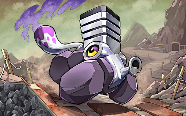 gunjima souichirou, varoom, nintendo, pokemon, pokemon tcg, pokemon tcg pocket, official art, third-party source, black eyes, bright pupils, cloud, colored sclera, full body, gas, no humans, outdoors, pokemon (creature), pokemon focus, sky, solo, white pupils, yellow sclera