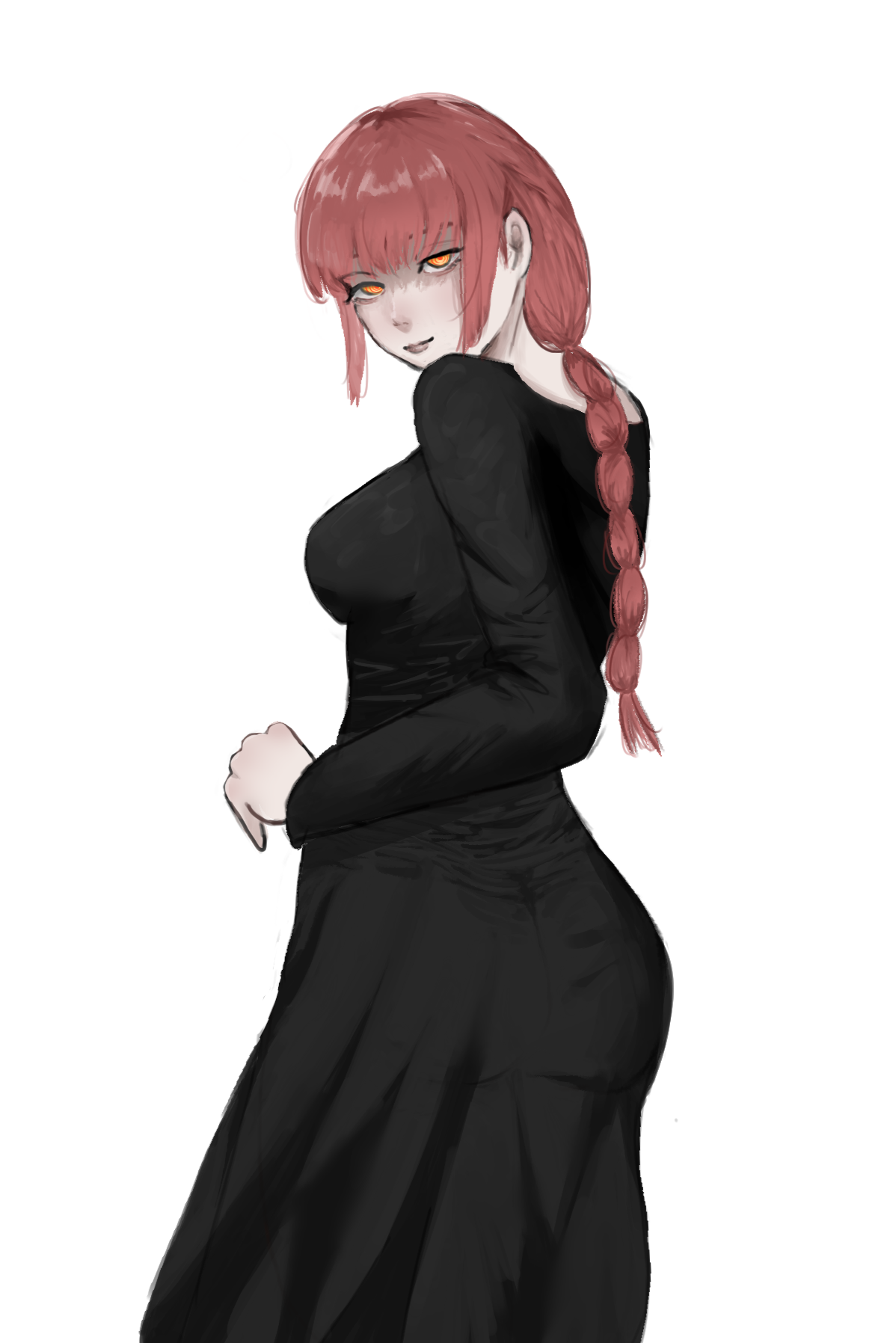 schonv, makima (chainsaw man), chainsaw man, highres, 1girl, black dress, braid, braided ponytail, breasts, closed mouth, dress, large breasts, long hair, long sleeves, looking at viewer, looking back, red hair, sidelocks, solo, white background, yellow eyes