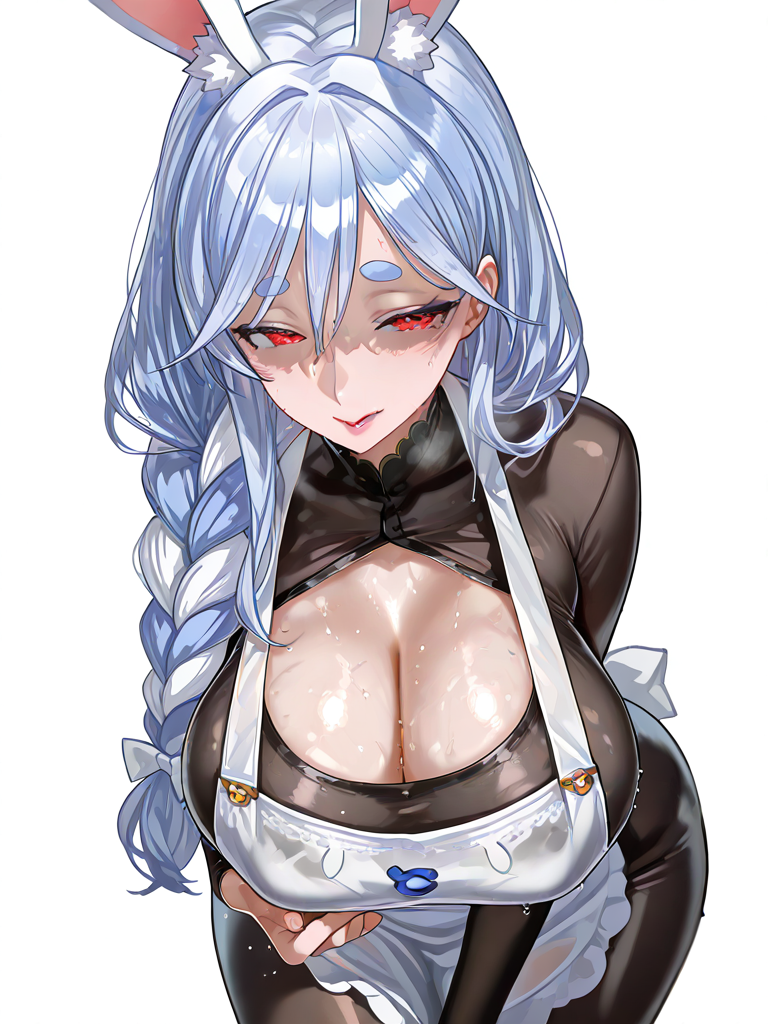 pekomama, hololive, 1girl, animal ear fluff, animal ears, apron, blue hair, blush, bodysuit, braid, braided ponytail, breasts, large breasts, leaning forward, long hair, looking to the side, mature female, multicolored hair, rabbit ears, rabbit girl, red eyes, short eyebrows, solo, sonicolto, sweat, thick eyebrows, two-tone hair, virtual youtuber, white background, white hair