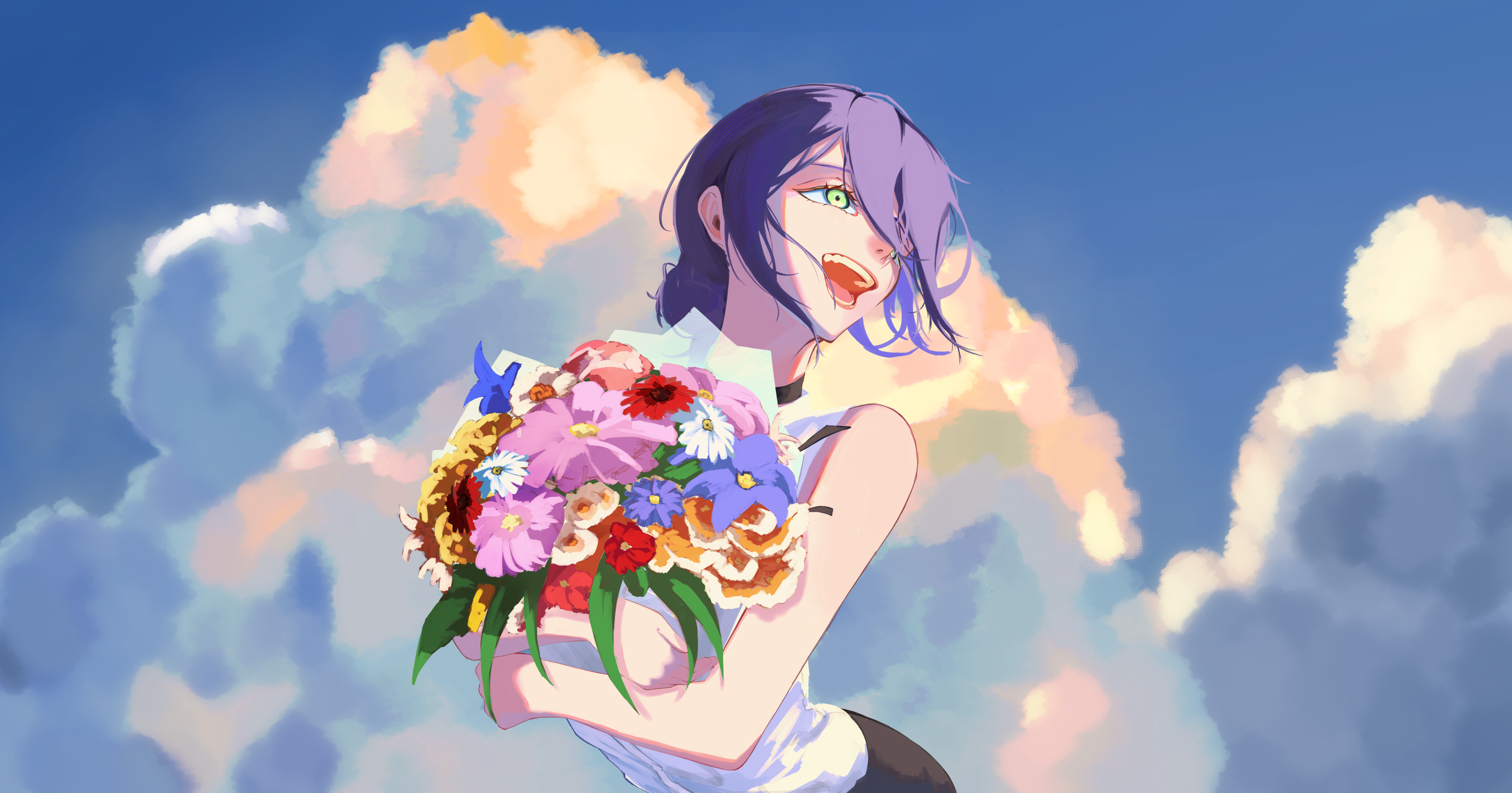 3333iyasy, reze (chainsaw man), chainsaw man, absurdres, commentary request, highres, 1girl, black choker, blue flower, blue sky, bouquet, choker, cloud, cloudy sky, flower, green eyes, hair bun, holding, holding bouquet, open mouth, outdoors, pink flower, purple hair, red flower, shirt, sky, sleeveless, sleeveless shirt, solo, white shirt, yellow flower