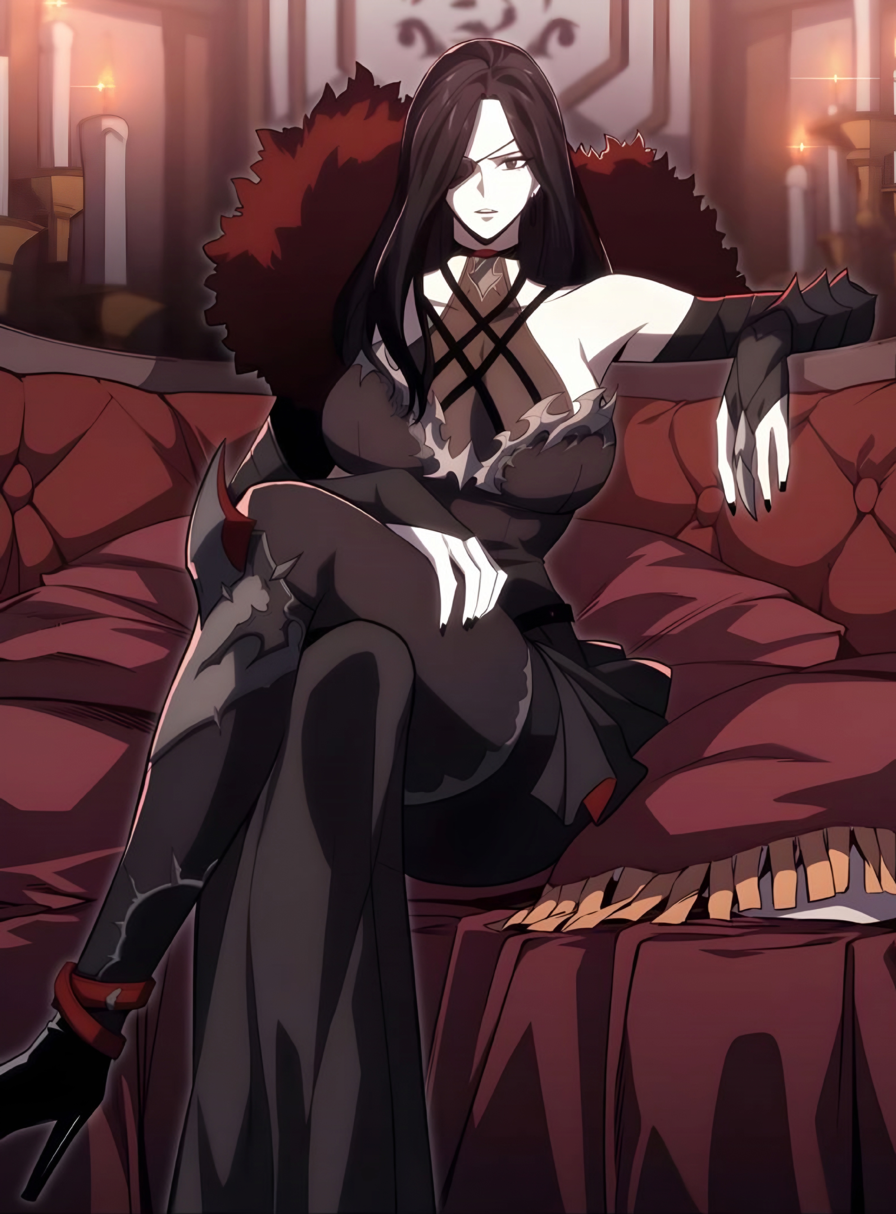 hailey orga, the return of the disaster-class hero, highres, non-web source, 1girl, bare shoulders, black choker, black dress, black hair, breasts, brown eyes, choker, closed mouth, couch, crossed legs, dress, eyepatch, high heels, large breasts, long hair, looking at viewer, serious, sitting, solo, very long hair