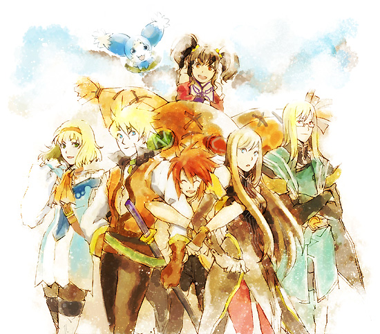 anise tatlin, guy cecil, jade curtiss, luke fon fabre, mieu (tales), natalia luzu kimlasca lanvaldear, tear grants, tokunaga (tales), tales of (series), tales of the abyss, 00s, 3boys, 3girls, ascot, black hair, blonde hair, blue eyes, brown eyes, brown hair, creature, gloves, hairband, multiple boys, multiple girls, orange ascot, pantyhose, red eyes, red hair, ribbon, smile, sword, thighhighs, twintails, weapon