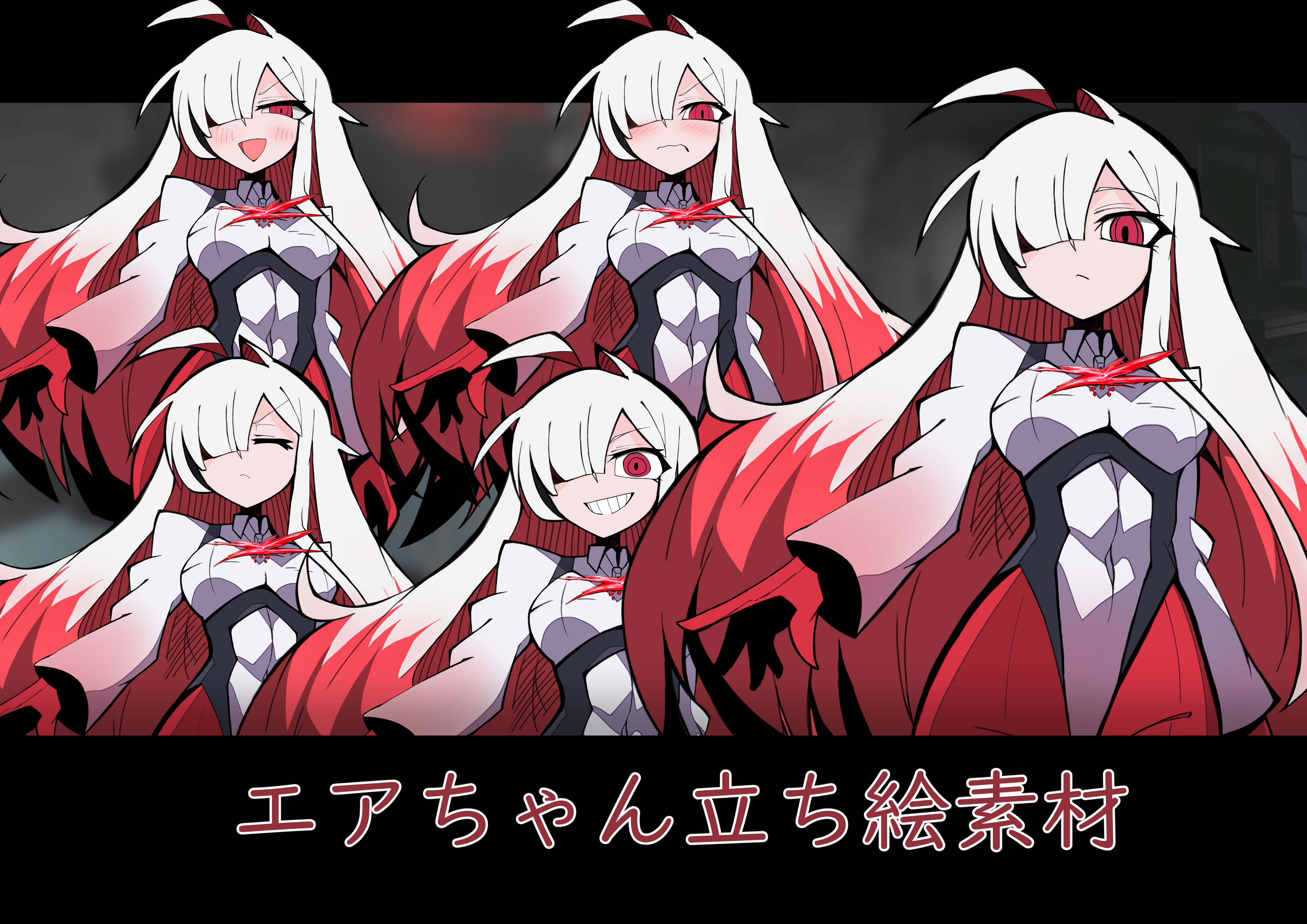 miketsushuu, ayre (armored core vi), armored core, armored core vi: fires of rubicon, helltaker, absurdres, highres, 1girl, closed eyes, closed mouth, grey hair, hair over one eye, long hair, long sleeves, multicolored hair, open mouth, personification, red eyes, red hair, science fiction, smile, solo, white hair