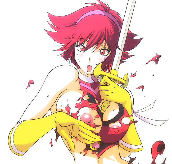 kon-kit, cutie honey (character), kisaragi honey, cutie honey, toei company, bad id, bad pixiv id, 1girl, between breasts, breasts, cleavage, cleavage cutout, clothing cutout, female focus, gloves, hairband, headband, heart, heart cutout, large breasts, magical girl, nipples, open mouth, pink eyes, pink hair, shirt, short hair, solo, sword, torn clothes, torn shirt, weapon
