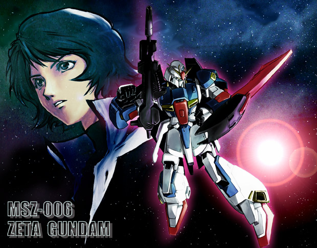 kon-kit, kamille bidan, zeta gundam (mobile suit), gundam, zeta gundam, bad id, bad pixiv id, 1boy, beam rifle, blue eyes, blue hair, energy gun, gradient background, gun, male focus, matching hair/eyes, mecha, robot, short hair, solo, space, star (symbol), weapon