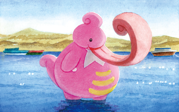 nakai mina, lickilicky, nintendo, pokemon, pokemon tcg, official art, third-party source, blue sky, day, gen 4 pokemon, long tongue, no humans, outdoors, pokemon (creature), pokemon focus, sky, solo, standing, tongue, tongue out, very long tongue, wading, water