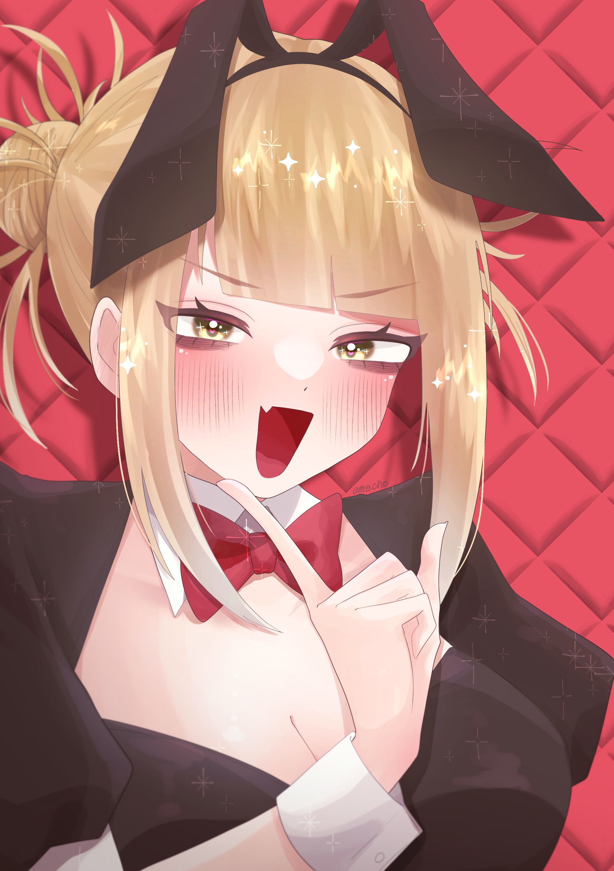 amecho wa, toga himiko, boku no hero academia, absurdres, highres, 1girl, animal ear hairband, animal ears, black leotard, blonde hair, blunt bangs, blush, bow, bowtie, breasts, cleavage, detached collar, double bun, fake animal ears, fangs, finger to mouth, hair bun, hairband, leotard, looking at viewer, messy hair, narrowed eyes, open mouth, playboy bunny, puffy short sleeves, puffy sleeves, rabbit ear hairband, rabbit ears, red background, short hair, short sleeves, sidelocks, smile, solo, white wrist cuffs, wrist cuffs, yellow eyes