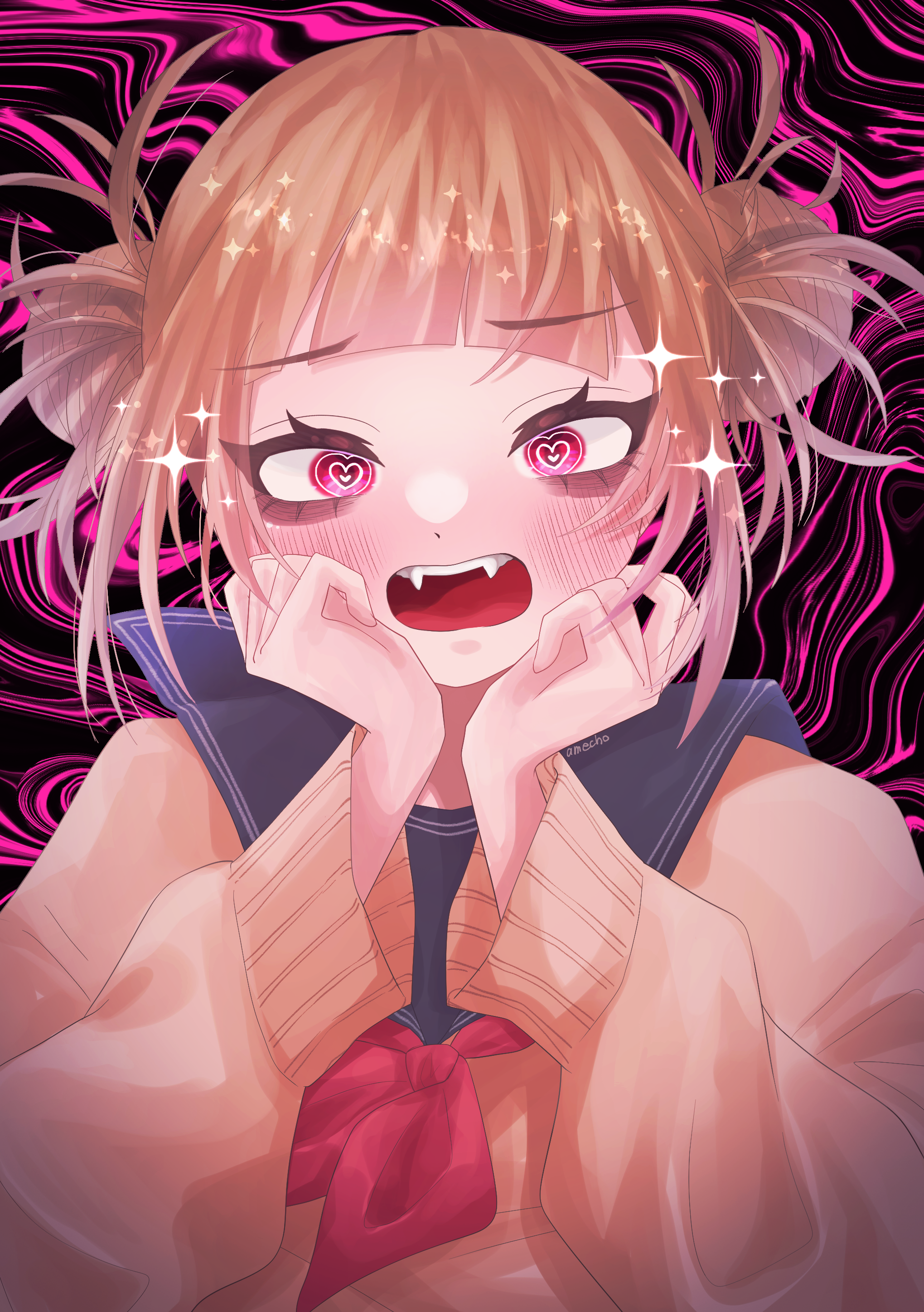 amecho wa, toga himiko, boku no hero academia, absurdres, highres, 1girl, blonde hair, blue sailor collar, blunt bangs, blush, cardigan, double bun, fangs, hair bun, hands on own face, heart, heart-shaped pupils, long sleeves, looking at viewer, messy hair, narrowed eyes, neckerchief, open mouth, red neckerchief, sailor collar, school uniform, serafuku, short hair, sidelocks, simple background, solo, symbol-shaped pupils, teeth, two-tone background, u.a. school uniform, yellow cardigan, yellow eyes