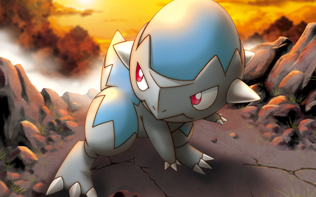 saitou kouki, cranidos, nintendo, pokemon, pokemon tcg, official art, third-party source, animal focus, bright pupils, claws, closed mouth, fog, full body, gen 4 pokemon, no humans, nostrils, orange sky, outdoors, pokemon (creature), pokemon focus, red eyes, sky, solo, spikes, white pupils