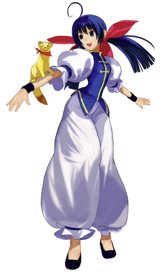 senno aki, futaba hotaru, itokatsu (garou), fatal fury, garou: mark of the wolves, snk, official art, 1girl, ahoge, blue eyes, blue hair, chinese clothes, female focus, ferret, hair ribbon, matching hair/eyes, ribbon, scarf, shoes, smile, solo, twintails, wristband