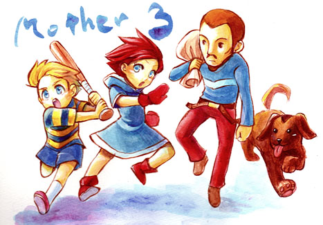boney, duster (mother), kumatora, lucas (mother 3), mother (series), mother 3, nintendo, lowres, 1girl, 2boys, bag, baseball bat, beard, blonde hair, blouse, blue eyes, blue shirt, brown hair, copyright name, dog, facial hair, gloves, holding, holding bag, holding baseball bat, multiple boys, pink hair, quiff, shirt, short hair, striped clothes, striped shirt