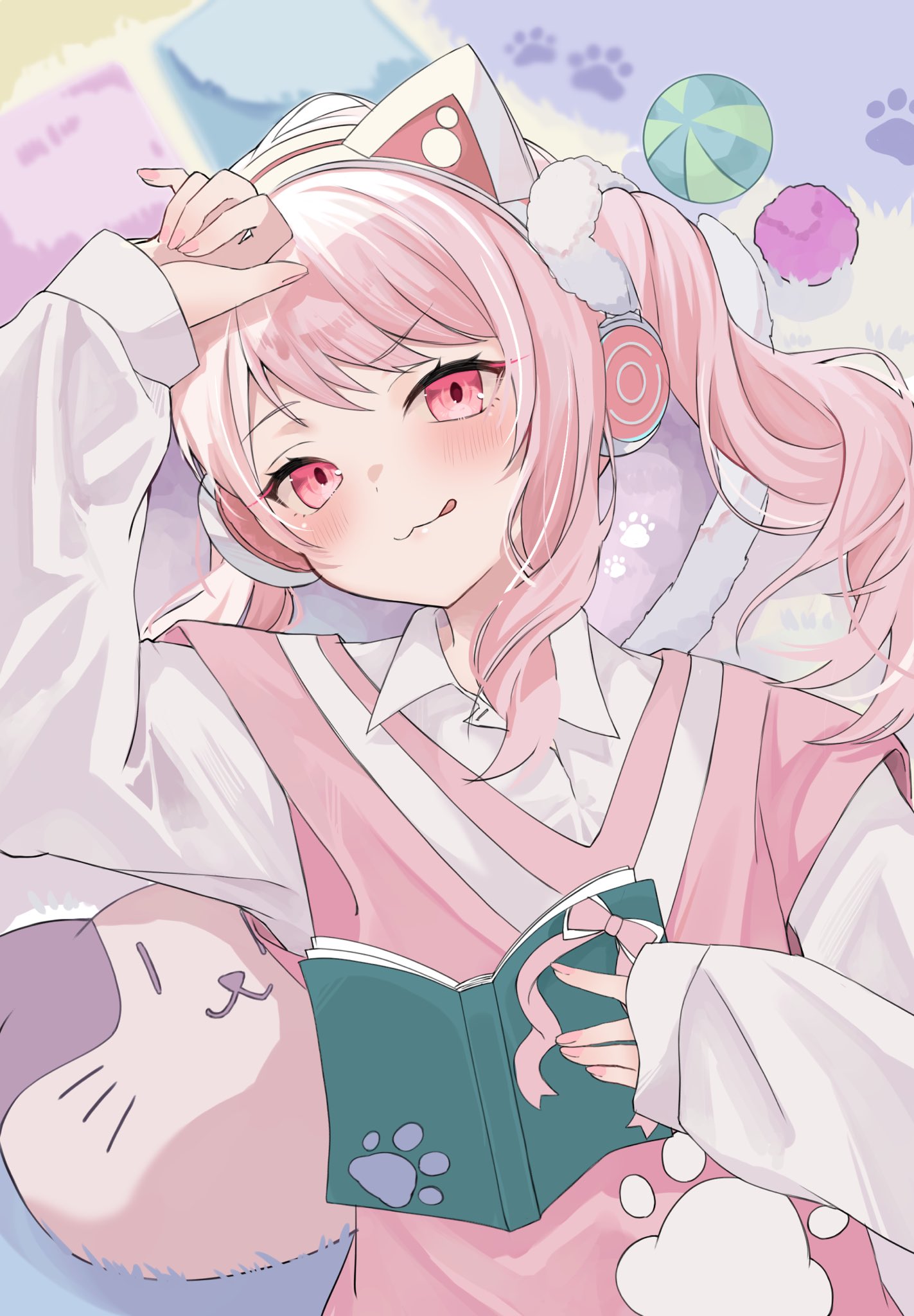 rurudi (51 ruru6151), akiyama mizuki, project sekai, commentary, highres, 1other, :3, animal ears, blush, book, bow, cat ears, collared shirt, holding, holding book, licking lips, long hair, long sleeves, looking at viewer, official alternate costume, pink eyes, pink hair, ponytail, ribbon, shirt, side ponytail, sidelocks, smile, solo, tongue, tongue out, you are my hero!! (project sekai)