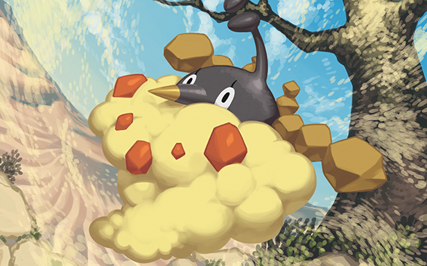 kusajima hajime, wormadam, wormadam (sandy), nintendo, pokemon, pokemon tcg, official art, third-party source, blue sky, cloud, day, eyelashes, full body, gen 4 pokemon, no humans, outdoors, pointy nose, pokemon (creature), pokemon focus, sand, sky, solo, tree