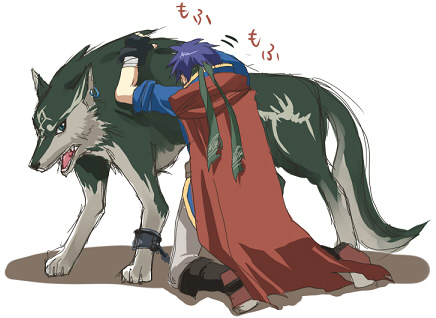 ike (fire emblem), link, wolf link, fire emblem, fire emblem: path of radiance, nintendo, super smash bros., the legend of zelda, the legend of zelda: twilight princess, lowres, 1boy, blue hair, cape, earrings, headband, jewelry, male focus, solo, tail, wolf