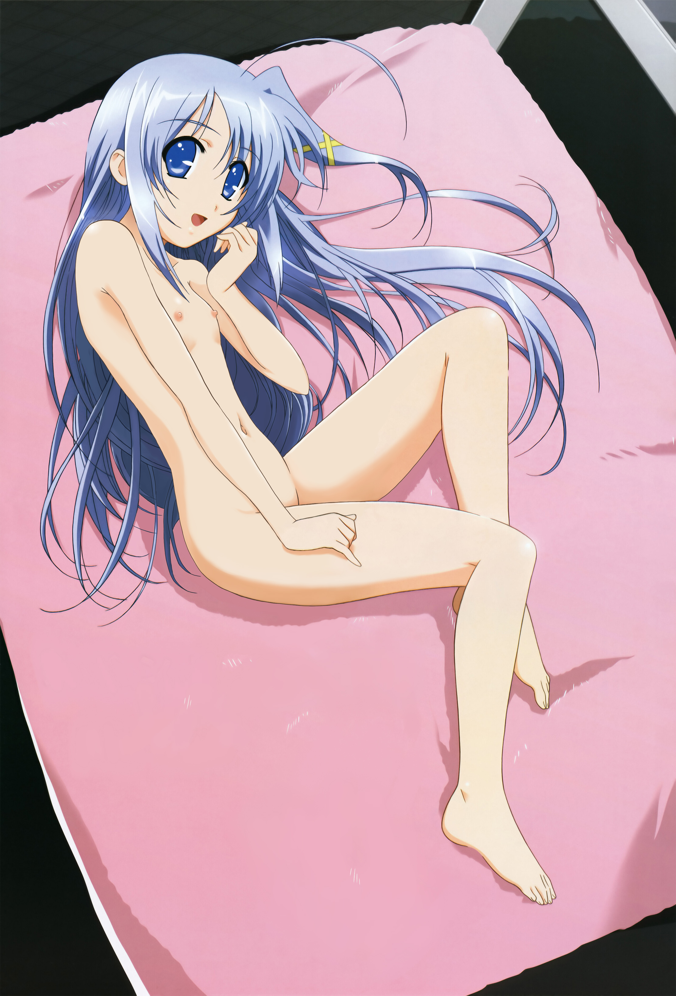 okuda yasuhiro, reinforce zwei, lyrical nanoha, mahou shoujo lyrical nanoha, mahou shoujo lyrical nanoha strikers, hand on thigh, silver hair, absurdres, highres, non-web source, nude filter, scan, third-party edit, 00s, 1girl, :d, ahoge, barefoot, blue eyes, blue hair, box, dutch angle, feet, female focus, fetal position, flat chest, from above, groin, hair between eyes, hair ornament, hair spread out, hairclip, happy, huge ahoge, in box, in container, indoors, legs, long hair, looking at viewer, looking back, lying, matching hair/eyes, mini person, minigirl, navel, nipples, nude, on side, one side up, open mouth, parted bangs, pinky out, side ponytail, sidelocks, smile, solo, very long hair